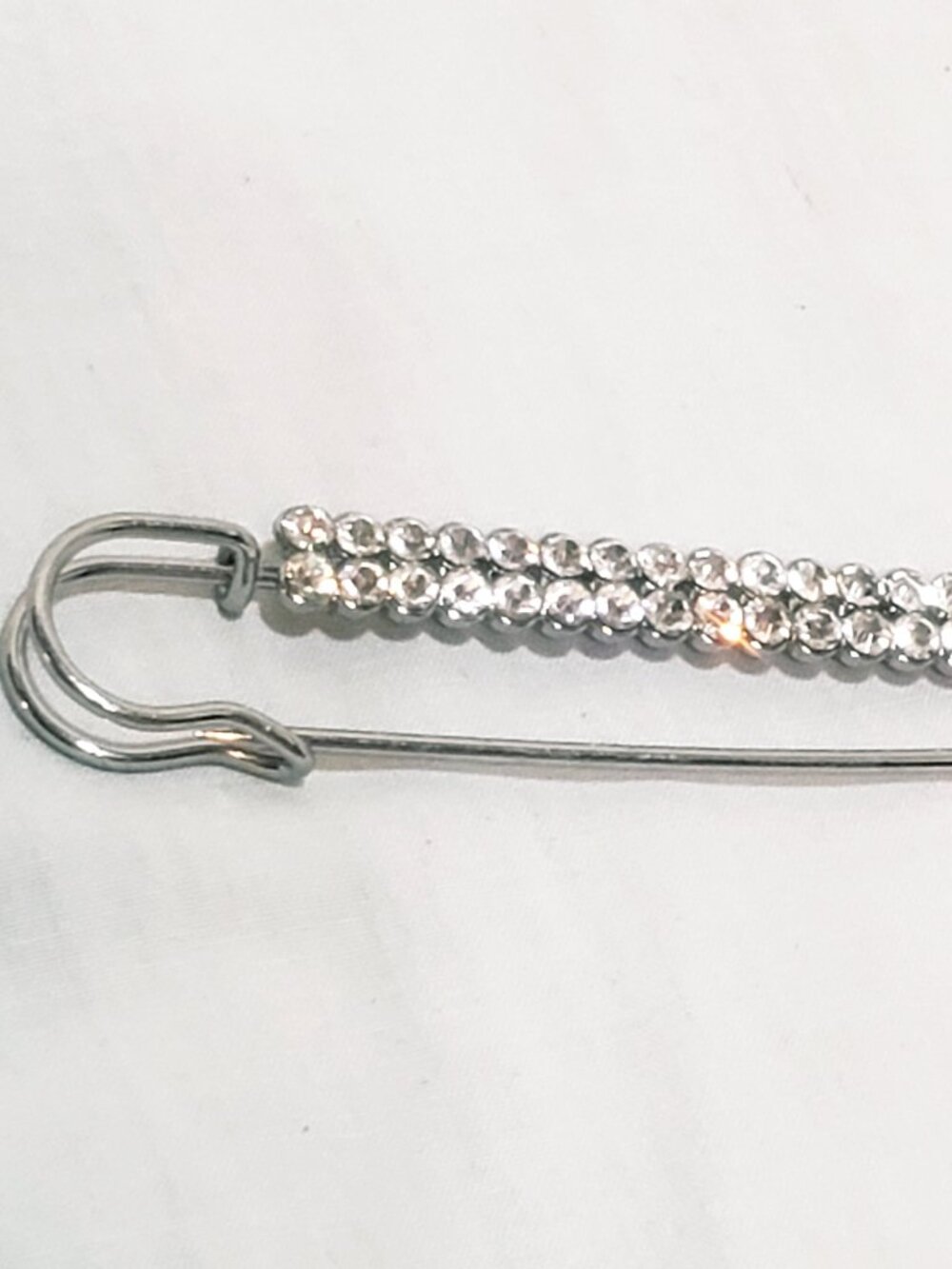 Large Rhinestone Safety Pin Brooch 3" Silver tone